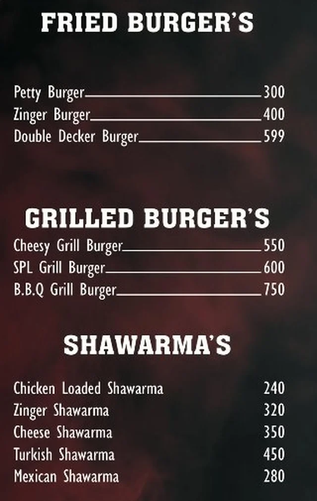 Slice’N’ Serve menu artwork: burgers, shawarma and Mexican pratha