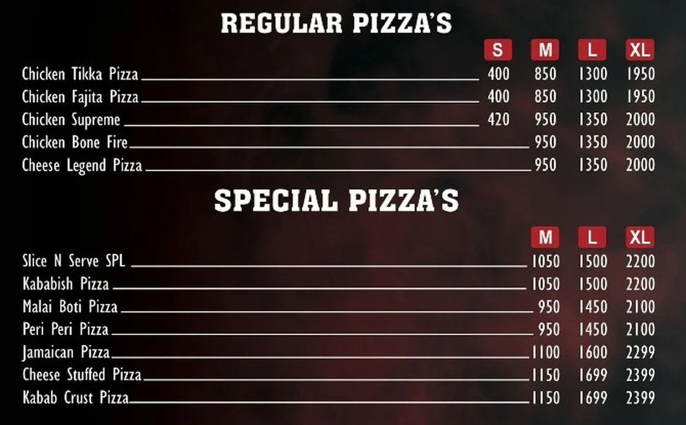Slice’N’ Serve menu artwork: Regular and Special pizza price list