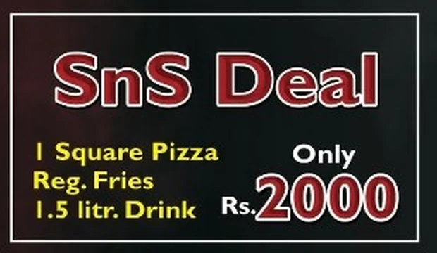 Slice’N’ Serve SnS Deal artwork: square pizza, fries and a 1.5 litre drink