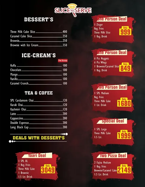 Slice’N’ Serve menu showing desserts, ice-cream per scoop, tea and coffee, and deals that include dessert