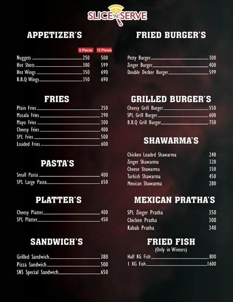 Slice’N’ Serve menu showing appetizers, fries, pasta, platters, sandwiches, fried and grilled burgers, shawarma, Mexican pratha and fried fish with prices