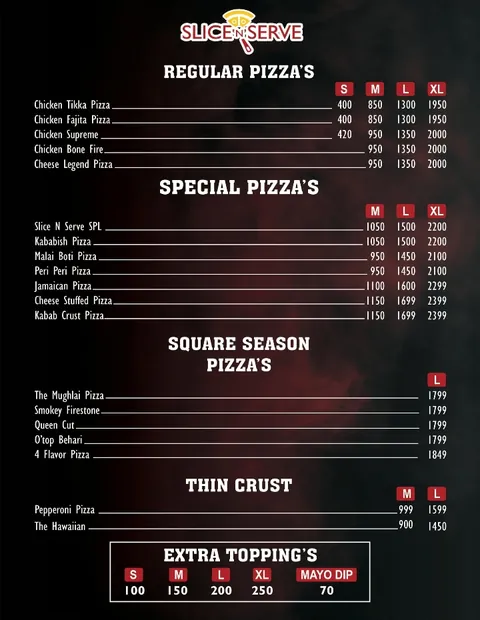 Slice’N’ Serve pizza menu